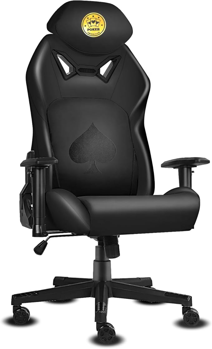 Modern-Depo Ergonomic Video Poker Gaming Chair Recliner with Texas Hold'em Sign Swivel Chair with Poker Logo Lumbar Support Headrest Height Adjustable for Study Home Office Black Poker 4