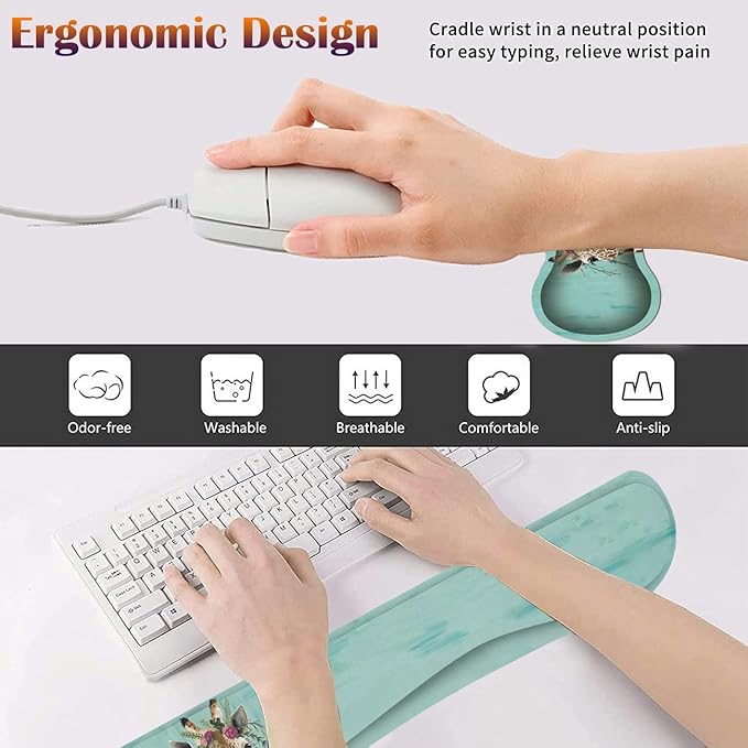 Keyboard Wrist Rest Pad + Square Mouse Pad + Wrist Rest Support Pad + Coaster Ergonomic Memory Wrist Rest Support 4-Piece Combo Set for Gaming and Office Green Rustic Wood and Giraffe