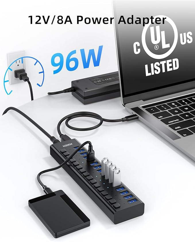 AGEEN 16-Port USB 3.2 Gen 2 Hub 10Gbps High-Speed Aluminum Powered Hub with 96W Adapter Individual Switches &amp Surge Protection for PC/Laptop Flash Drive Printer Camera