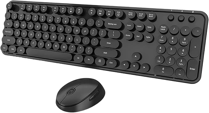 Wireless Keyboard and Mouse Combo Cute Full Size 104-Key Typewriter Retro Round Keycaps Keyboard for PC LaptopWindowsDesktopPerfer for Home and Office Keyboards (Black)
