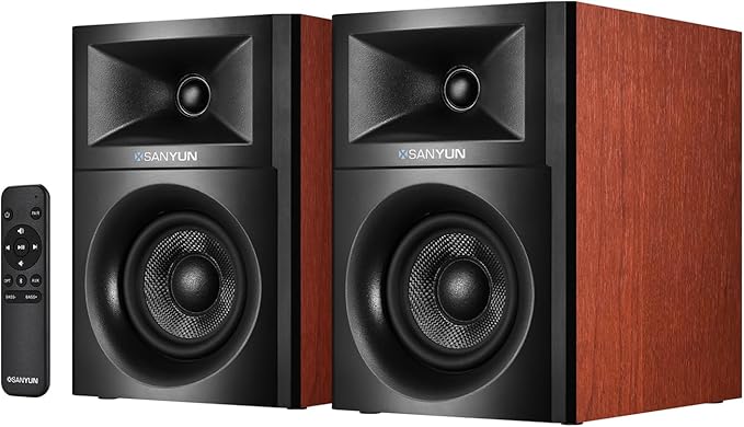 Sanyun SW205 80W Powered Bookshelf Speakers with 3D Soundstage | Precision DSP Spatial Audio &amp Geometric Cabinet | 4 Glass Fiber Woofer Optical/Bluetooth 5.4/AUX Wireless Remote (Pair Cherry)