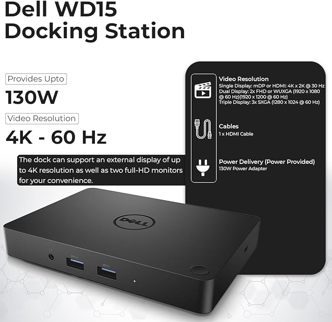 Dell WD15 130W Monitor Dock 4K USB-C - Dell Docking Station for Laptops with 130W AC Adapter + HDMI Cable + Microfiber Cloth (Renewed)