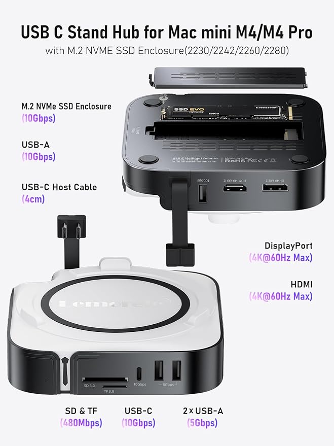 Lemorele 9-in-1 Mac mini M4 Dock Dual 4K@60Hz HDMI 2.0 &amp DP 1.4 10Gbps M.2 NVMe Slot 10Gbps USB-C &amp USB-A 2X USB-A 3.0 SD/TF 2.0 Card Reader Compatible with Mac mini M4/M4 Pro