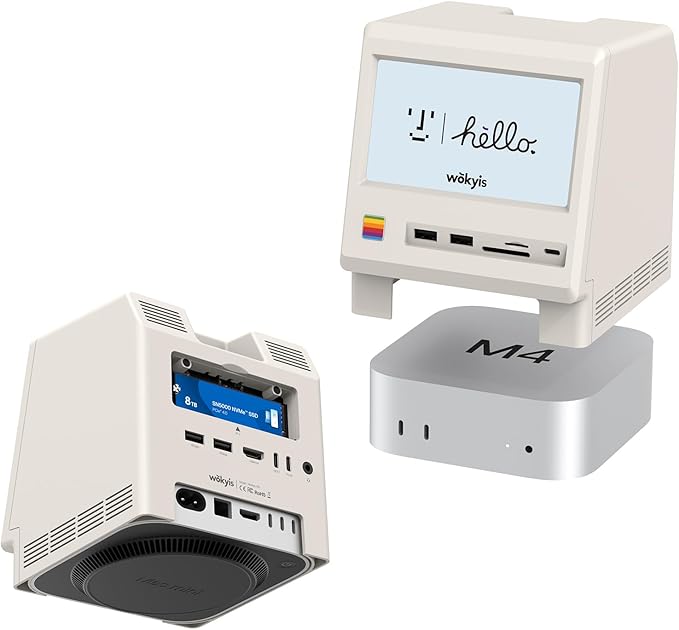 M5 Retro Dock Station for Mac mini M4 5’inch HD Display 10Gbps M.2 NVMe SSD Enclosure SD/Micro SD Reader 4.0 4*USB-A 1*USB-C 10Gbps 3.5mm Earphone Jack