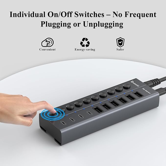 Powered USB Hub 10-Port USB C Hub with 6 USB-A 3.2 4 USB-C 3.2 Ports Individual Switches and 12V/5A Power Adapter Aluminum USB Extension for MacBook Laptop/PC and More.