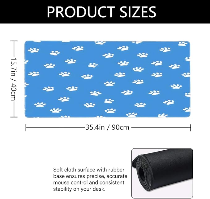 Blue Dog Paw Prints Large Mouse Pad Gaming Mousepad Desk Mat for Desktop Computer Keyboard Waterproof Mouse Mat Desk Pad with Non-Slip Base for Game School Office Home 35.4 x 15.7