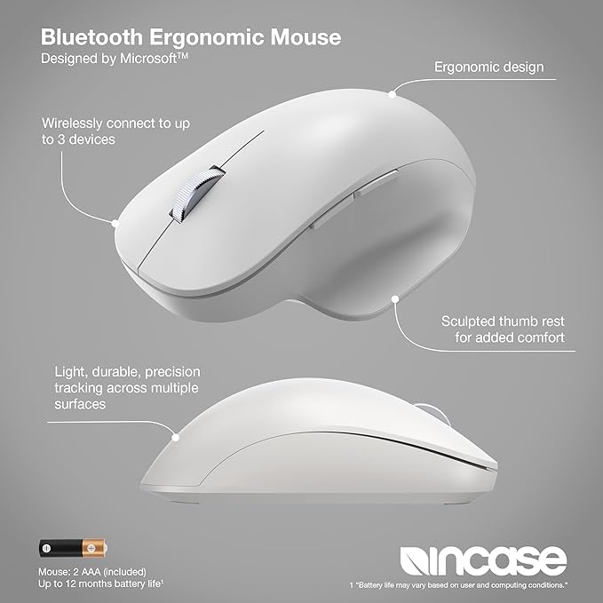 Incase Bluetooth Ergonomic Mouse – Designed by Microsoft – Two Thumb Buttons Easy to Grip Thumb Rest Precision Tracking Connects 3 Devices 15 Month Battery Life PCs/Laptops (Glacier)