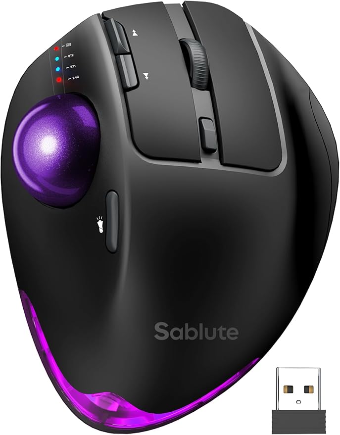 MAM1 Pro Wireless Trackball Mouse Ergonomic Bluetooth Rechargeable Computer Mouse Backlit Rollerball Thumb mice with 5 Level DPI Adjustable Angle 3 Devices Connection for PC Windows - Purple Ball