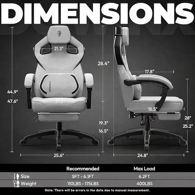 Dowinx Fabric Gaming Chair with Footrest Big and Tall Gamer Chair with Lumbar Support Wide Back Computer Chair for Heavy People Grey