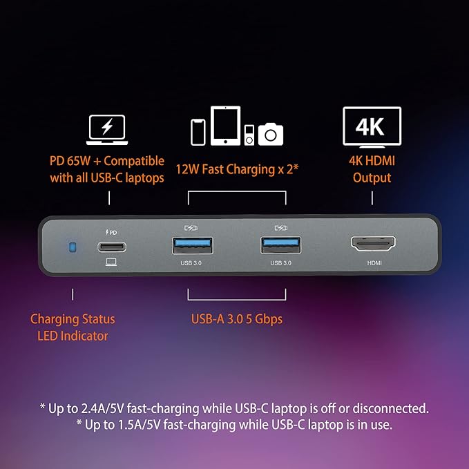 j5create USB-C Travel Hub with PD 65W Power Supply - for Travel or Business Trip - Charging Adapter Hub with 4K HDMI USB-A x 2 - for MacBook Air/Pro 13 Surface Pro and USB-C Laptop (JCDP392)