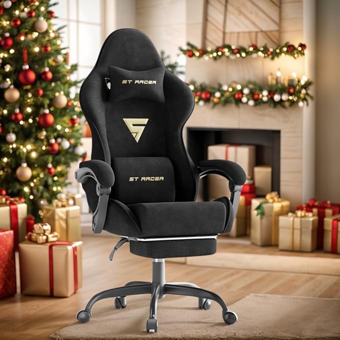 Soontrans Black Velvet Fabric Gaming Chair with Footrest Reclining Office Computer Desk Game Chairs with Massage Lumbar CushionHeadrestErgonomic Comfortable Video Gamer Chair for Adult