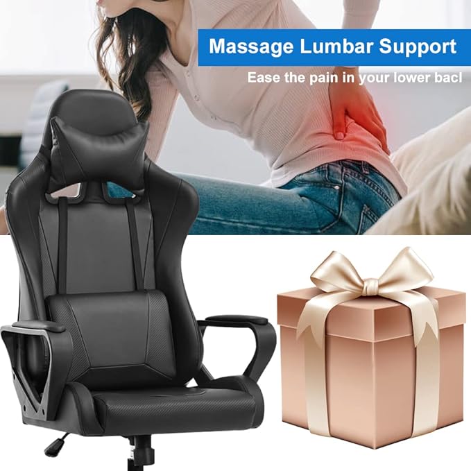 Ergonomic Gaming Chair High Back PU Leather Office Chair with Adjustable Lumbar Support &amp Headrest – Swivel Computer Desk Chair for Adults Teens Kids – Heavy Duty Executive Red Game Chair - Bla