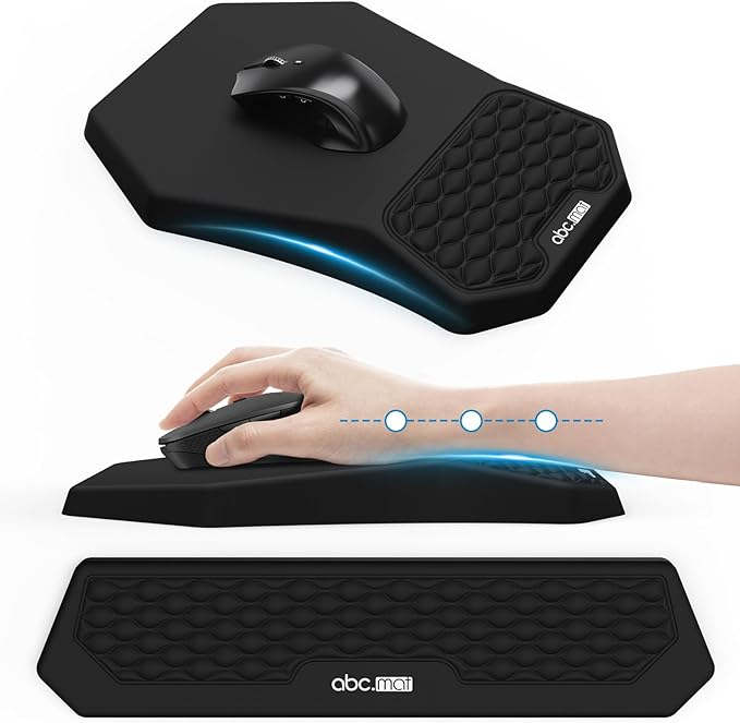 Ergonomic Mouse Pad and Keyboard Wrist Rest Support Set Massage Design Mousepad for Carpal Tunnel Pain Relief Memory Foam Non-Slip PU Base for Computer Desk Black