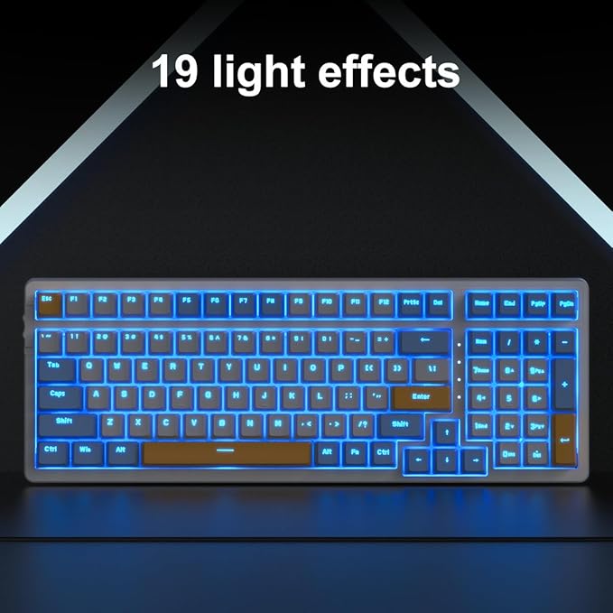 Wireless Mechanical Keyboard Triple Mode 2.4G/USB-C/BT Gaming Keyboards 100 Keys Ice-Blue Backlit Brown Switch Keyboard | Rechargeable Mechanical Gaming Keyboards | Ice Blue/W/Y