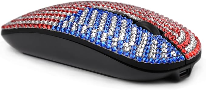 WONGS American Flag Bling Luxury Crystal Rhinestone Rechargeable 2.4G Wireless Mouse for Laptop Computer Cute USA Star Stripes Mouse for Girls - Flag Black