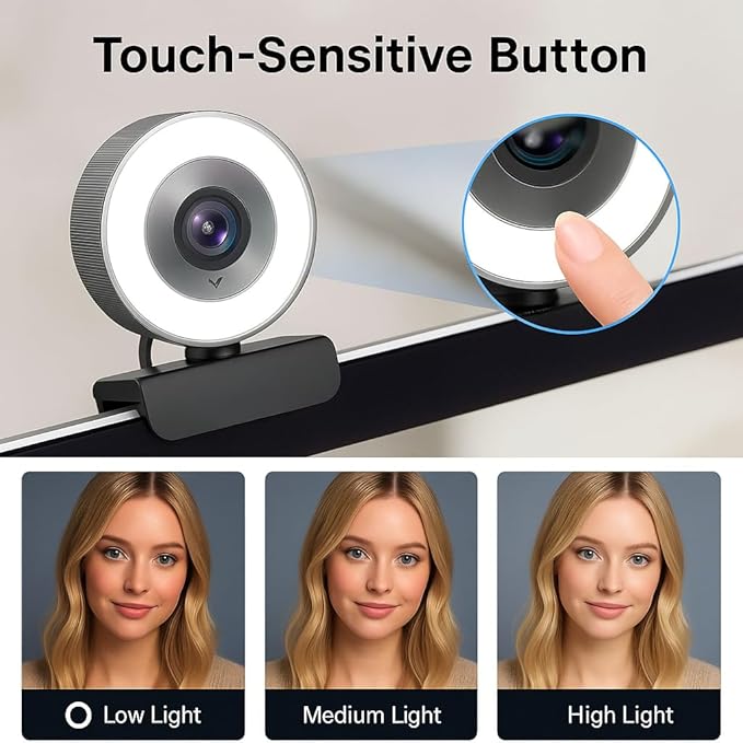 PC Webcam for Streaming HD 1080P PA552 USB Pro Computer Web Camera Video Cam for Mac Windows Laptop Conferencing Gaming Webcam with Touch Screen Ring Light &amp Microphone &amp Tripod