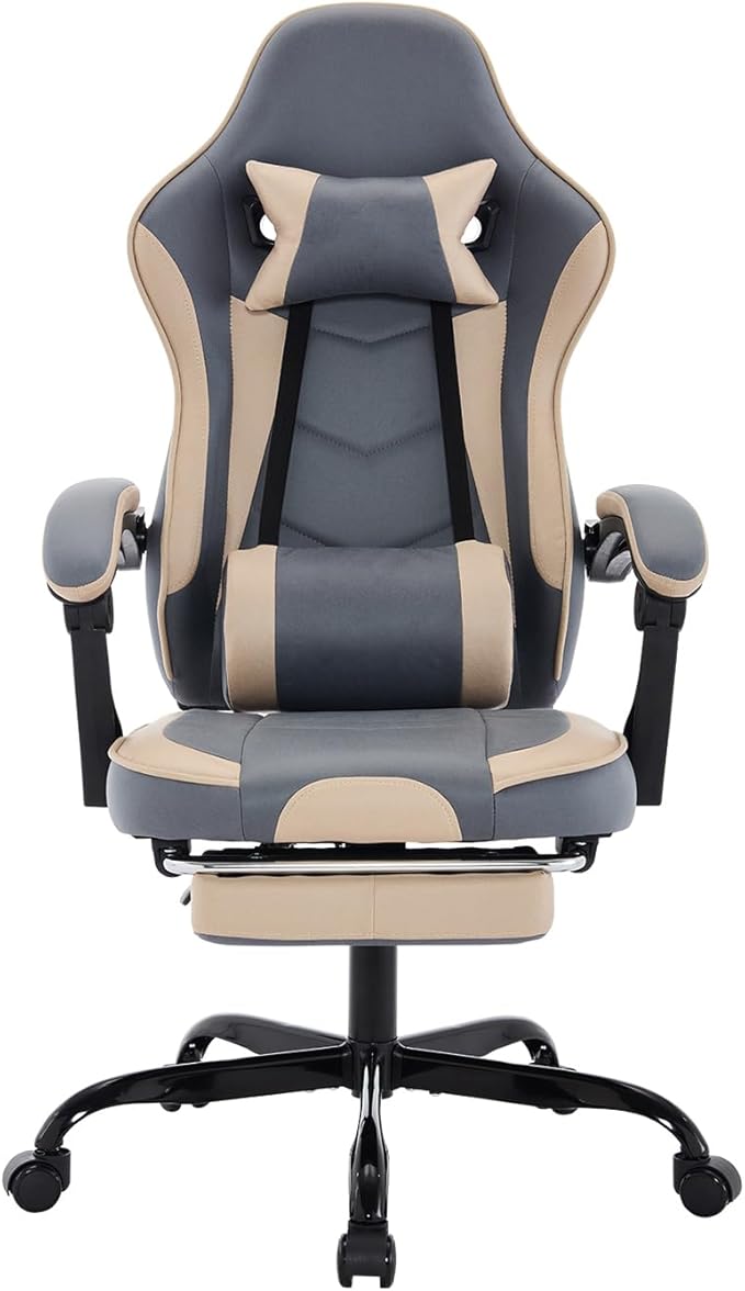 Beige Gaming Chair Ergonomic Computer Chair with Footrest ＆ Lumbar Support Height Adjustable Game Chairs with 360°-Swivel Seat and Headrest for Adults Office
