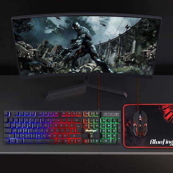 BlueFinger RGB Gaming Keyboard and Backlit Mouse Combo USB Wired LED Gaming Set for Laptop PC Computer Game and Work
