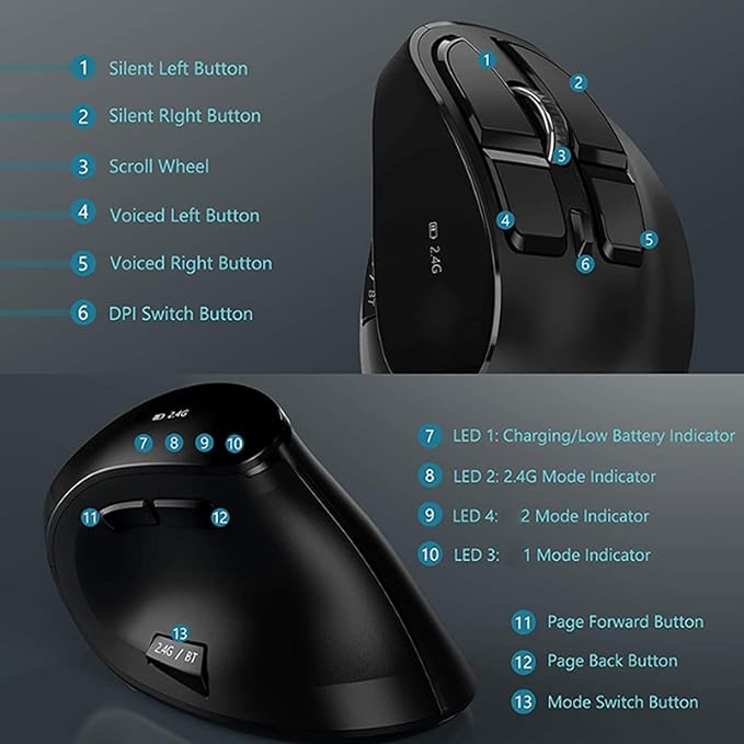 Zopsc Ergonomic Mouse Bluetooth 2.4G Double Mode DPI 1000 1600 2400 Ergonomic Vertical Mouse with Silent Click for Laptop PC Desktop