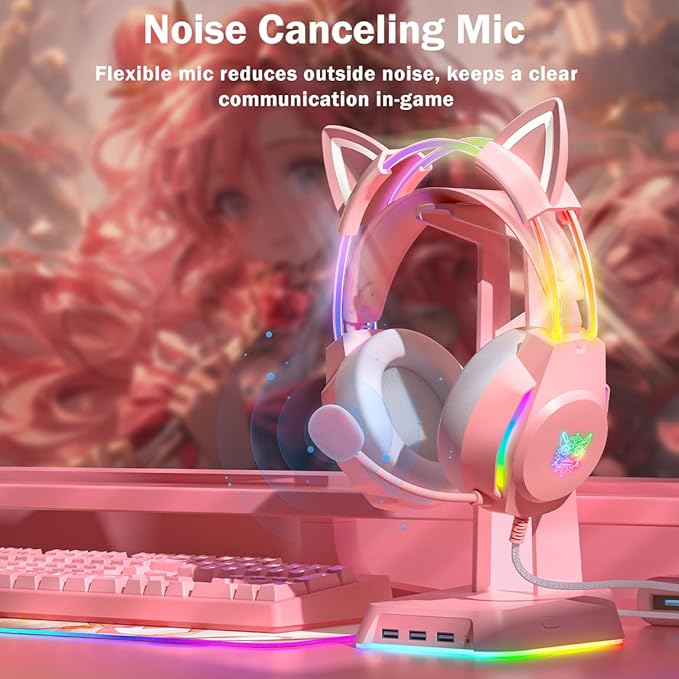 Gaming Headset with Microphone Cat Ear Headphones for PC Laptop PS4 PS5 Xbox Switch Rainbow RGB Lighting &amp Virtual Surround Sound 3.5mm Wired Over Ear Headphones Ergonomic