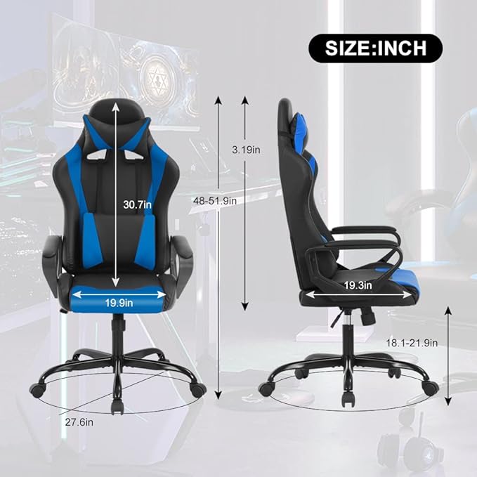 Ergonomic Gaming Chair High Back PU Leather Office Chair with Adjustable Lumbar Support &amp Headrest – Swivel Computer Desk Chair for Adults Teens Kids – Heavy Duty Executive Red Game Chair - Blu