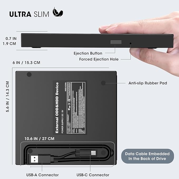 ROOFULL External CD DVD Drive Player Burner USB 3.0 &amp USB-C Portable CD/DVD-ROM +/-RW Optical Disk Drive with 4 USB Ports + 2 SD/TF Card Reader + Carrying Case for Laptop PC Windows Mac Linux Comp