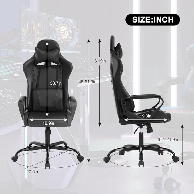 Ergonomic Gaming Chair High Back PU Leather Office Chair with Adjustable Lumbar Support &amp Headrest – Swivel Computer Desk Chair for Adults Teens Kids – Heavy Duty Executive Red Game Chair - Bla