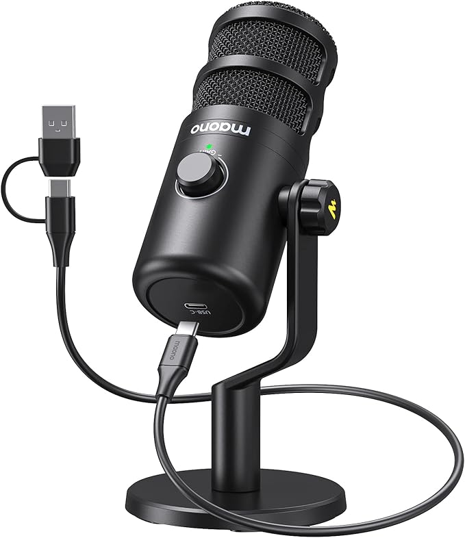 MAONO USB Dynamic Microphone Podcast Recording Microphone with Gain Knob Plug &amp Play Metal Structure Voice-Isolating Technology Cardioid Studio PC Mic for Streaming Vocal Home Studio-PD100U