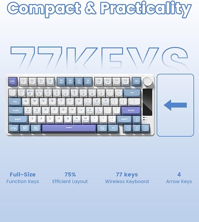 Womier DK75 75% Wireless Gaming Keyboard RGB Backlit Creamy Keyboard with Multifunction Knob &amp Screen Tri-Mode 2.4GHz/USB-C/BT5.0 Anti-Ghosting No-Conflict Silent Membrane Keyboard for MAC Wind