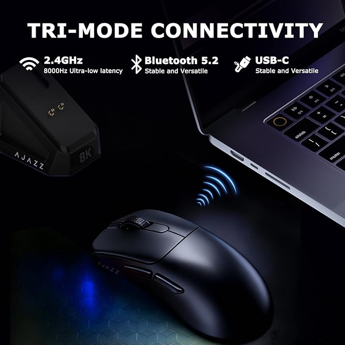 AJ179PRO PAW3395 26000 DPI Gaming Mouse 8000Hz Polling Rate 58g Ultra-Light Tri-Mode (2.4G/Wired/Bluetooth 5.2) Magnetic RGB Charging Dock Ergonomic Right-Hand Design Black