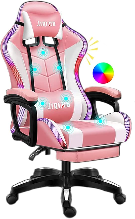 Gaming Chair with LED Light/Pro Gaming Chair with Bluetooth Speakers Full Massager Lumbar Support and Bluetooth Speaker Video Gaming Chairs LED Lights Load-Bearing 150KGPink