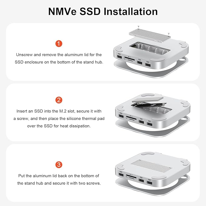 Qwiizlab Aluminum Stand Hub with SSD Enclosure Docking Station for Mac mini M4/M4 Pro 2 USB-A 10Gbps TF/SD 4.0 Card Readers 312MB/s HDMI 4K 60Hz USB-A 2.0 Fits M.2 NVMe SSD up to 8TB (Silver)