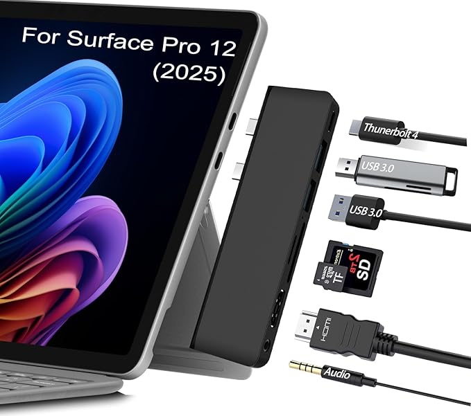 Surface Pro 12 USB Hub Adapter Docking Station with 4K HDMI USB-C Thunderbolt 4 (Display+Data+100W PD) 2 USB 3.0 3.5mm Audio SD/TF Card Slot Accessories for Surface Pro 12 inch 2025