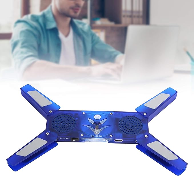 DR - 2008 Laptop Cooling Pad Foldable USB Computer Cooler with Hub Low Noise Heat Dissipation Fan 500-2500RPM High Speed Cooling for Laptop Blue LED Light and Built - in Spea