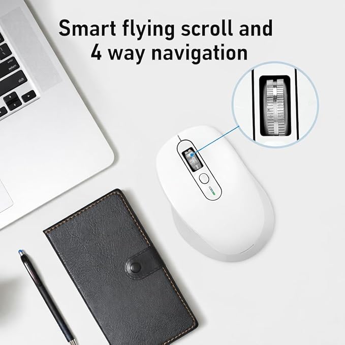 Wireless Bluetooth Mouse Multi Device (BT1/BT2 + 2.4G USB) Mouse for Laptop iPad &amp Mac 4-Way Scroll with Side Buttons Silent Click Ergonomic Offce Mouse Adjustable DPI (White