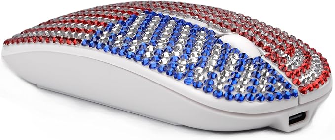 WONGS American Flag Bling Luxury Crystal Rhinestone Rechargeable 2.4G Wireless Mouse for Laptop Computer Cute USA Star Stripes Mouse for Girls - Flag White