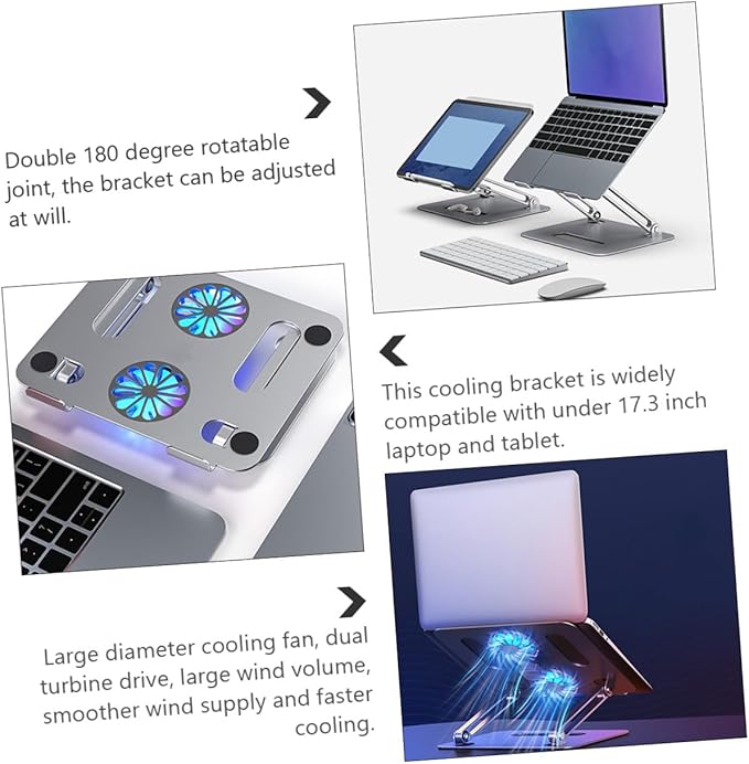 Veemoon Adjustable Aluminum Alloy Laptop Cooling Pad with Dual Quiet Fans Foldable Elevated Notebook Cooler Stand Under 17.3 Inch Laptops Silver USB Powered Suitable for Office