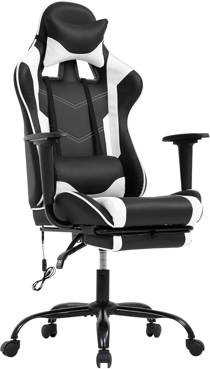 Massage Gaming Chair Ergonomic Computer Racing Style Office Chair Adjustable High Back Gamer Chair for Home Office with Footrest Headrest Lumbar SupportWhite