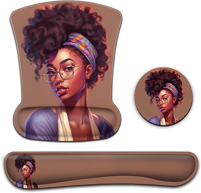 Ergonomic Mouse Pad Wrist Support Gel and Keyboard Wrist Rest Set American Women African Black Design for Laptop Mac Gaming and Office Durable Comfortable and Pain Relief + Coaster