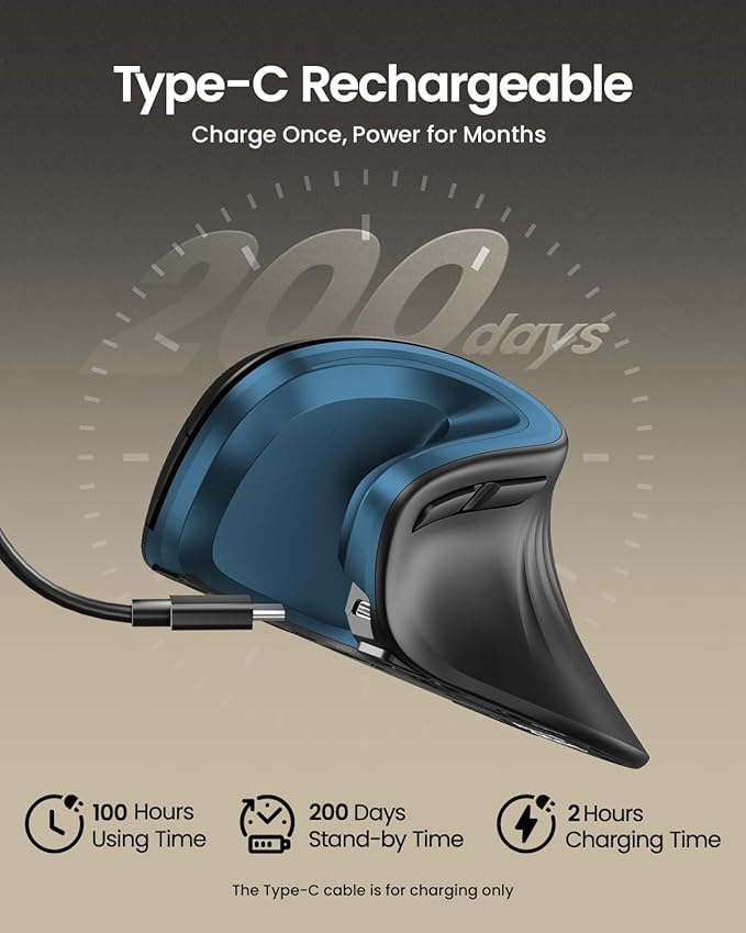 ProtoArc Ergonomic Mouse EM11 NL Bluetooth Rechargeable Wireless Vertical Mouse 3 Multi-Device Connectivity for Computer/PC/Laptop 2.4GHz USB-A Optical Mice for Windows Mac OS Blue