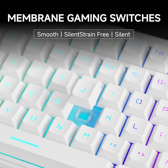 V80 Wired TKL RGB Gaming Keyboard 80% Compact Layout with PBT Keycaps Whisper Quiet Membrane Switch 26-Key Anti-Ghosting Ergonomic Computer Keyboard for Laptop PC Gamer - White