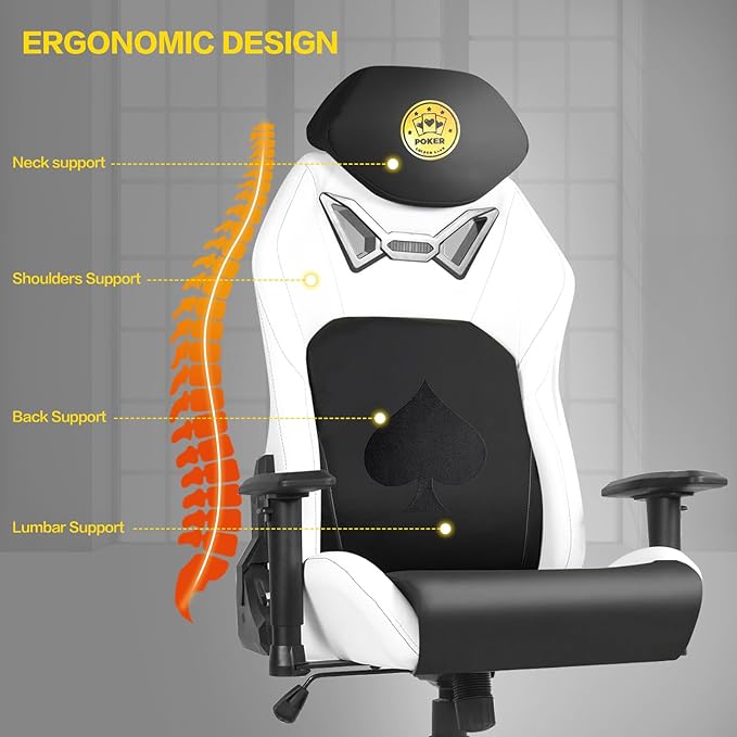Modern-Depo Ergonomic Video Poker Gaming Chair Recliner with Texas Hold'em Sign Swivel Chair with Poker Logo Lumbar Support Headrest Height Adjustable for Study Home Office White Black Poker 4