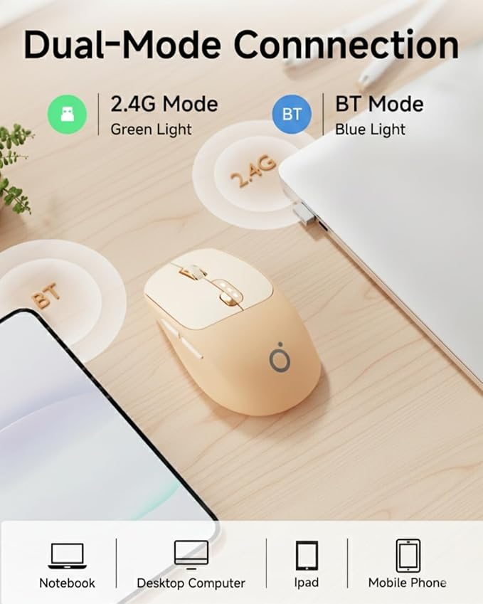 EWEADN Q5 Wireless Mouse Bluetooth &amp 2.4G Quiet Computer Mouses with Battery Level Display 1600 DPI Ergonomic Office Mouse 6 Button Portable Cute Computer Mouse for Laptop/PC/Mac - Pink