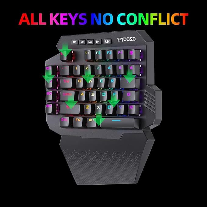 HUO JI Wireless One Handed Mechanical Gaming Keyboard 6 Onboard Macro Keys 2.4Ghz and USB-C Wired Dual Mode RGB Led Backlit Red Switch Wrist Rest Durable Battery
