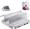 Mac mini Hub M1 M2 with M.2 SSD Enclosure (NOT for M4 2024) 8-in-1 Vertical Mac mini Dock Stand with USB A/C 3.2 10Gbps 2 x USB A 2.0 SD/TF Slots 3.5mm Audio Mic Jack