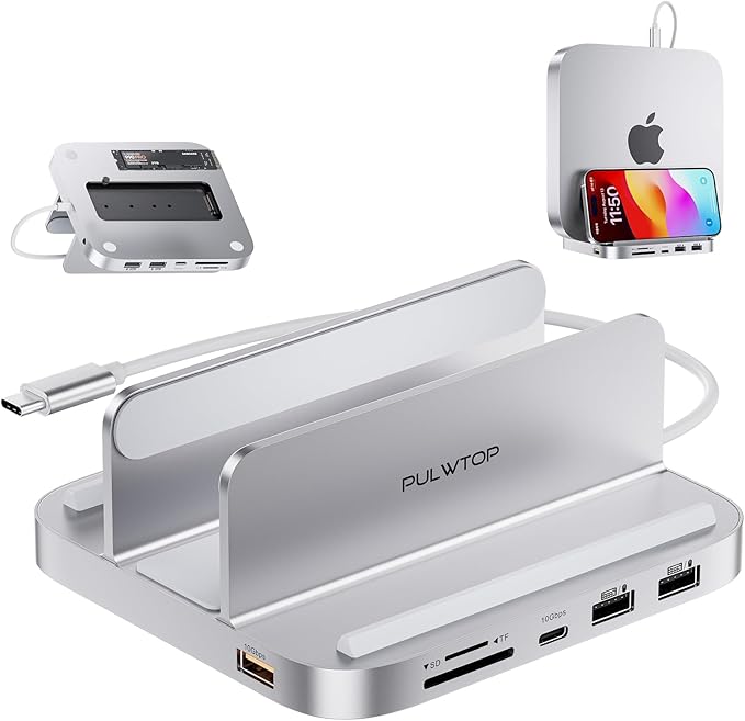 Mac mini Hub M1 M2 with M.2 SSD Enclosure (NOT for M4 2024) 8-in-1 Vertical Mac mini Dock Stand with USB A/C 3.2 10Gbps 2 x USB A 2.0 SD/TF Slots 3.5mm Audio Mic Jack