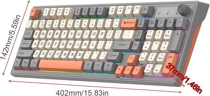 Docooler Gaming Keyboard Dual-Mode BT/2..4GHz Mechanical Keyboard with Backlit Rechargeable Keyboard 98 Keys Wireless Keyboard with Volume Control Knob for Computer Laptop PC - Gray/Blue/Shimmer