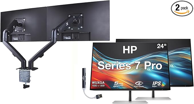 HP Series 7 Pro 24 WUXGA IPS Monitor with 5ms Response Time Anti Glare Flicker Free Swivel Pivot VESA Mount (100mm) Displayport HDMI Black/Silver 2 Pack w/DKZ Hub &amp ErgoFlexy Dual Mount A