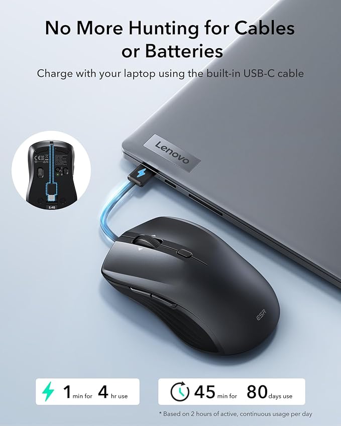 ESR MagMouse Snap-to-Carry Bluetooth Mouse Rechargeable Wireless Mouse for Laptop with Built-in Charging Cable Reusable Adhesive Holder BT 5.0 + 2.4 GHz Connectivity Silent Ergonomic Black