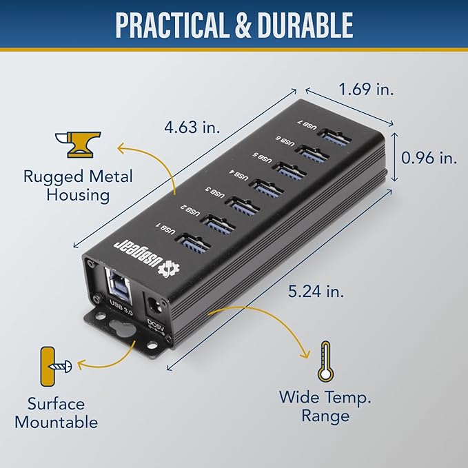 USBGear 7-Port USB Hub 3.2 Gen 1 – Mountable SuperSpeed Data Hub with USB Ports for Laptop PC Desktop and More 5V/4A Power Adapter with Type-A to Type-B Cable (3ft) Computer Accessories